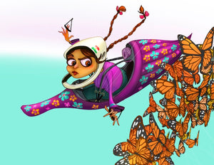 Female pilot flying with butterflies in Mexico