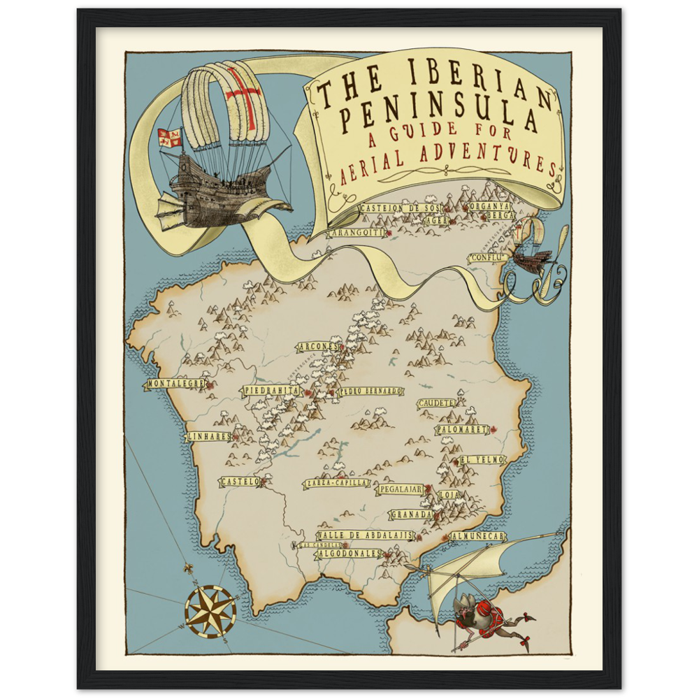 Iberian Flying Map Premium Matte Paper Wooden Framed Poster
