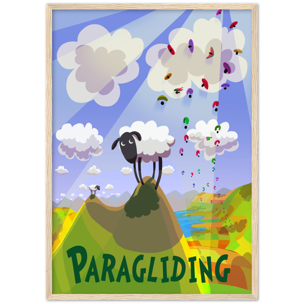 Sheep & Paragliders.  Premium Matte Paper Wooden Framed Poster